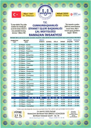 cal muftulugu 2020 yili ramazan imsakiyesi