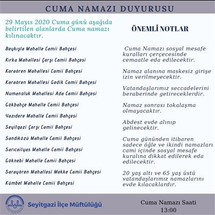 Cuma Namazlari 29 Mayis 2020 Cuma Gunu Kilinmaya Baslayacaktir