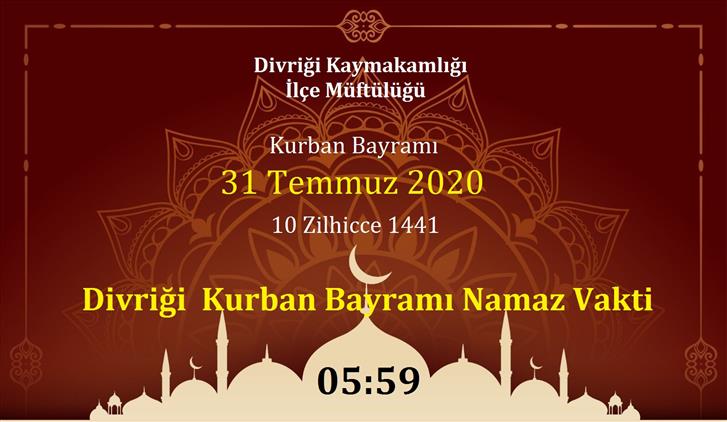 Divrigi Kurban Bayram Namaz Vakti